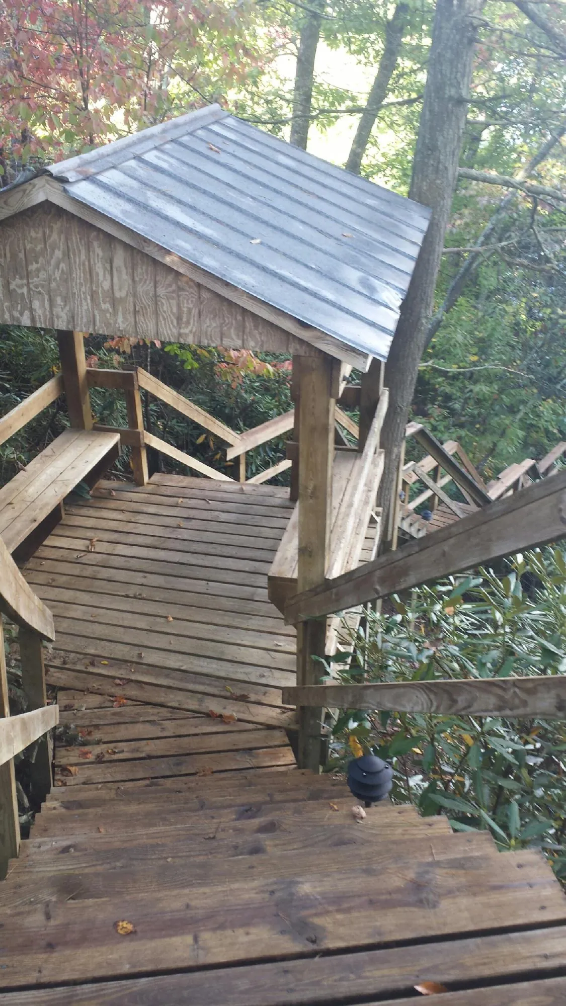 Metal roofed shelter over wooden steps on a wooded walkway — Skylight Repair & Installation work by our crew in Leon